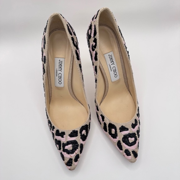 Jimmy Choo Woven Raffia Leopard Pink Black Natural Motif Romy Pumps Heels - Picture 7 of 12